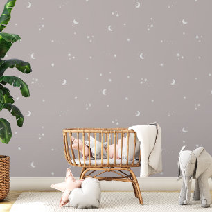Papier Peint Chambre de bébé Lune Étoiles Grise Blanche Enfants