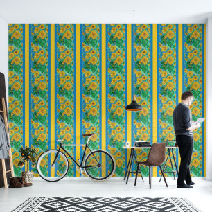 Papier Peint Champ de tournesols Rouge Orange Jaune Bleu Van Go