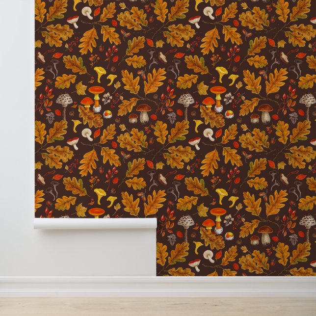 Papier Peint Champignons forestiers et flore d'automne sur brun (Application)