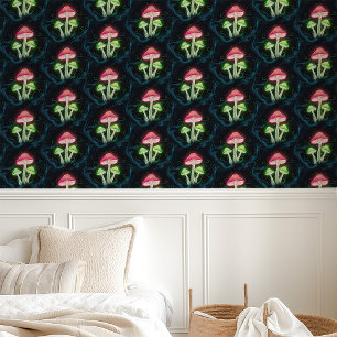 Papier Peint Champignons Néon sur Fond Noir