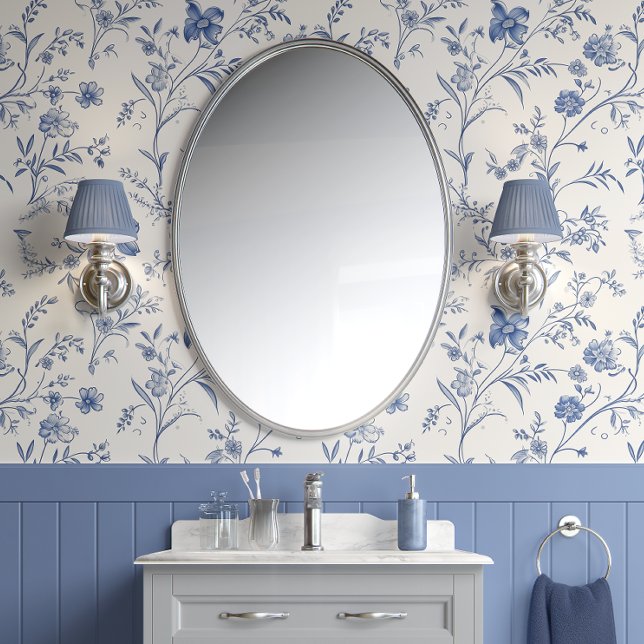 Papier Peint Charme Floral français - Bleu et Hors Blanc - Fran (French Floral Charm - Blue and Off-White - French Country Peel and Stick Wallpaper)