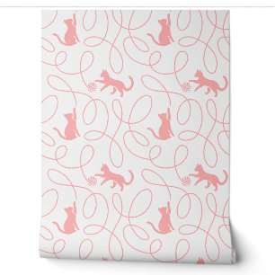 Papier Peint Chat joueur et motif de pelote de laine Rose corai