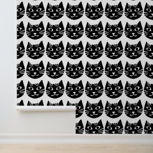 Papier Peint Chat souriant Motif noir et blanc mignon