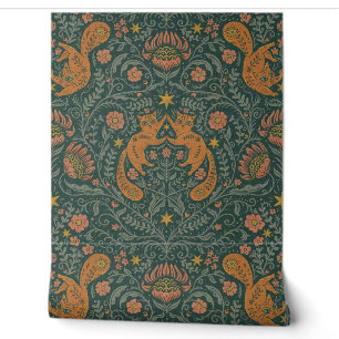 Papier Peint Chats bohèmes raffinés - Moody Turquoise & Orange
