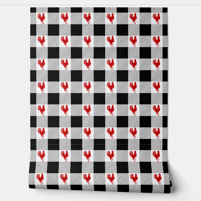 Papier Peint Chèques de bisons et Motif de coq Rouge Noir Blanc (Déroulement)