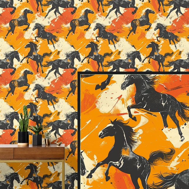 Papier Peint Chevaux noirs galopants sur Crème Orange  (Créateur téléchargé)