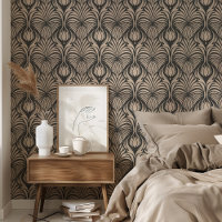 Chic Art Déco Plumes florales Motif noir & beige