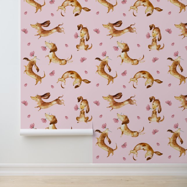 Papier Peint Chiens de chiot rose rose floral (Application)
