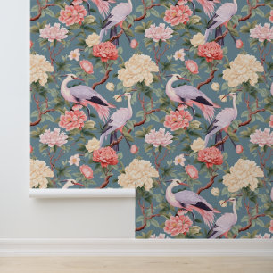 Papier Peint Chinoiserie Jade Flowers & Egrets Motif