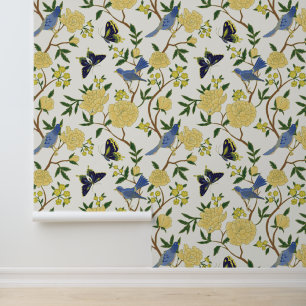 Papier Peint Chinoiserie jaune et bleu Cloisonne Birds