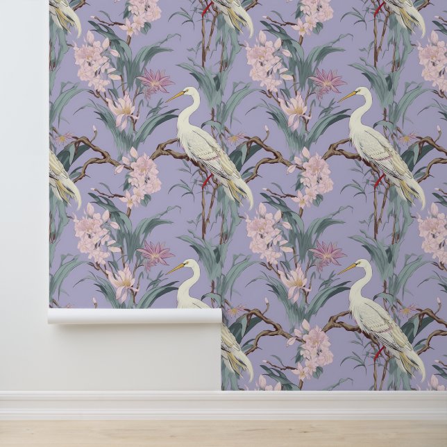 Papier Peint Chinoiserie Lavender Flowers & Egrets Motif (Application)