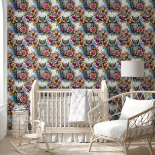 Papier Peint Chouette bohémienne et Roses florissants