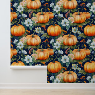 Papier Peint Chute Citrouille floral Patch sur bleu foncé