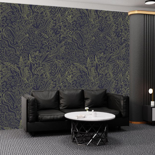 Papier Peint Ciel de nuit élégant avec fleurs d'or : Peel & Sti (Elegant Night Sky with Gold Flowers: Peel & Stick Wallpaper)