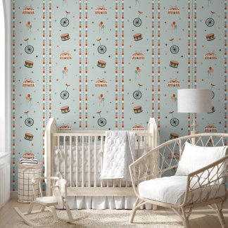 Papier Peint Cirque Bleu Céleste & Rayures pour Garçon Nursery