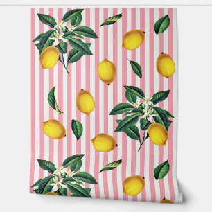 Papier Peint Citrons Méditerranéen Vintage Rayures Roses