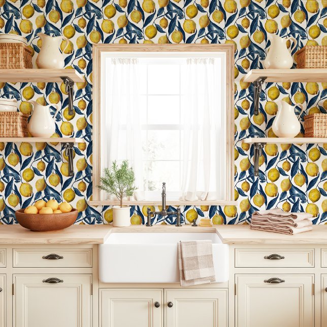 Papier Peint Citrons Méditerranéens Jaunes et Bleus (Créateur téléchargé)