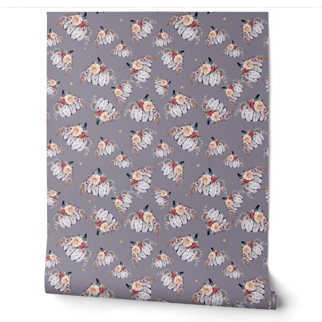Papier Peint Citrouille floral violet gris aquarelle motif (Déroulement)