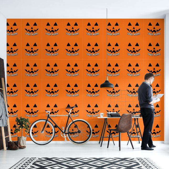 Papier Peint Citrouille orange personnalisé Halloween Votre Nom (Salon)