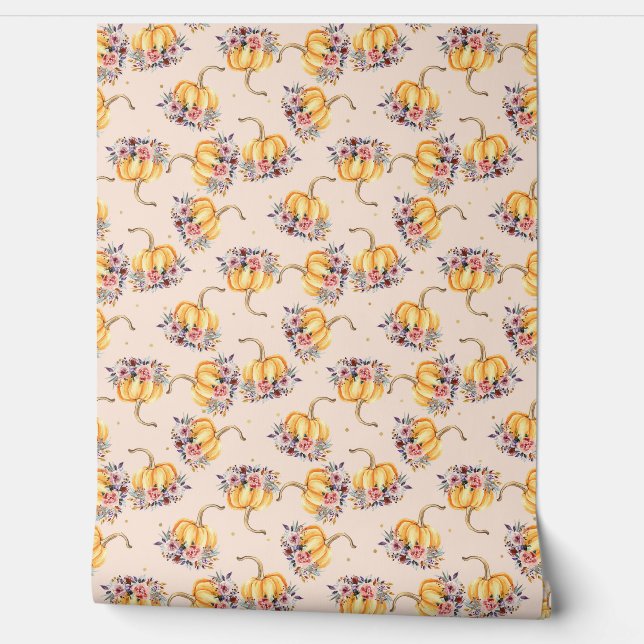 Papier Peint Citrouille pastel peach or polka dot fleurs chute (Déroulement)