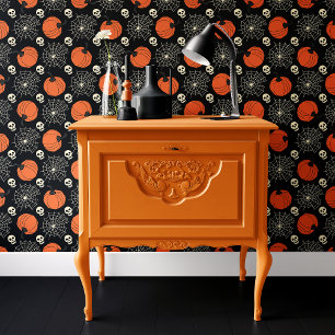 Papier Peint Citrouilles Noires Crânes et Toiles d'Araignée Hal