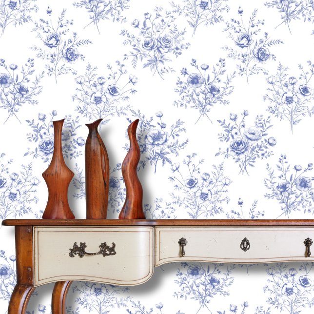 Papier Peint Classic Blue Flowers Pattern French blue toile  (In situ)