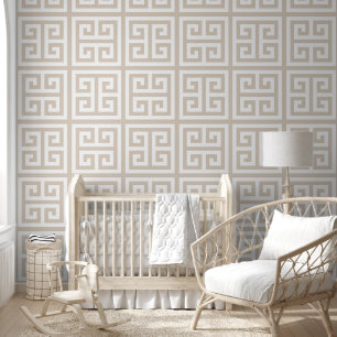 Papier Peint Clé grecque grande beige pastel et blanc