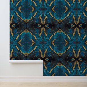 Papier Peint Cobalt Bleu Marbre Mosaïque Or Inlay Veines