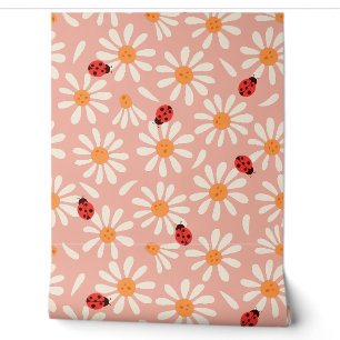 Papier Peint Coccinelles roses et marguerites bohèmes