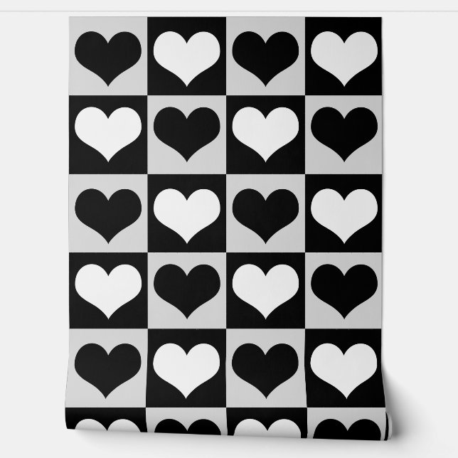 Papier Peint Coeurs d'amour blanc noir géométrique (Déroulement)
