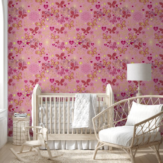 Papier Peint Cœurs et papillons roses et dorés sur fond rose pâ