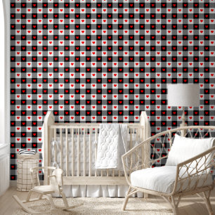 Papier Peint Coeurs rouges mignon noir blanc À damiers pépinièr