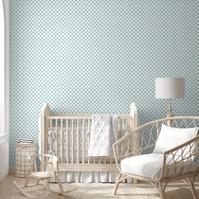 Papier Peint Coeurs verts bleus turquoises sur blanc (Enfants)