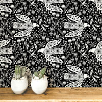 Colombes et fleurs Art d'oiseau blanc sur fond noi