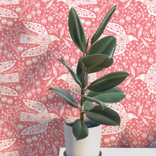 Papier Peint Colombes et fleurs blanches sur fond corail Art d'