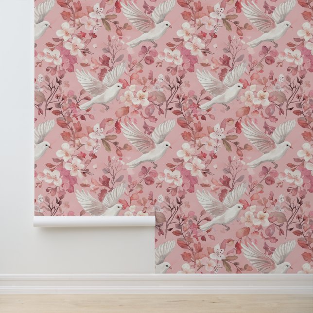 Papier Peint colombes et fleurs sur fond rose (Application)