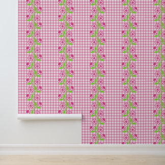 Papier Peint Colonne florale rose chaud et lime sur Gingham