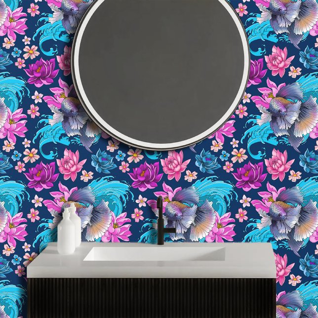 Papier Peint Combattant du Siam Lotus Vagues Bleu (Créateur téléchargé)