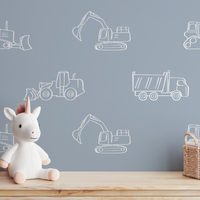 Papier Peint Construction Vehicles Builder Boy Truck Dusty Blue (Créateur téléchargé)