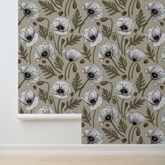 Papier Peint Coquelicots blancs et coccinelles
