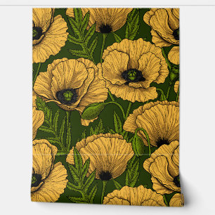Papier Peint Coquelicots jaunes sur fond vert foncé