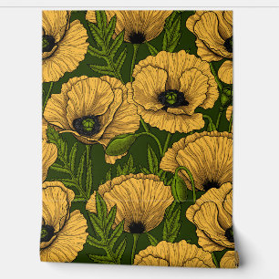 Papier Peint Coquelicots jaunes sur vert foncé