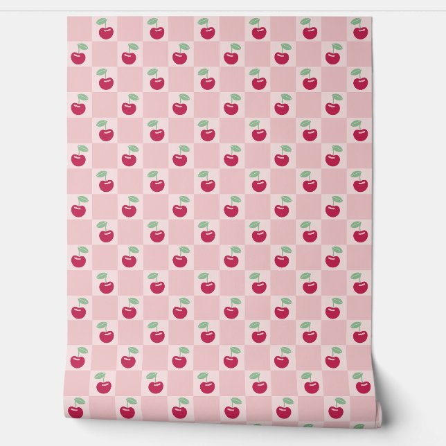 Papier Peint Coquette en damier rose cerisier moderne (Déroulement)