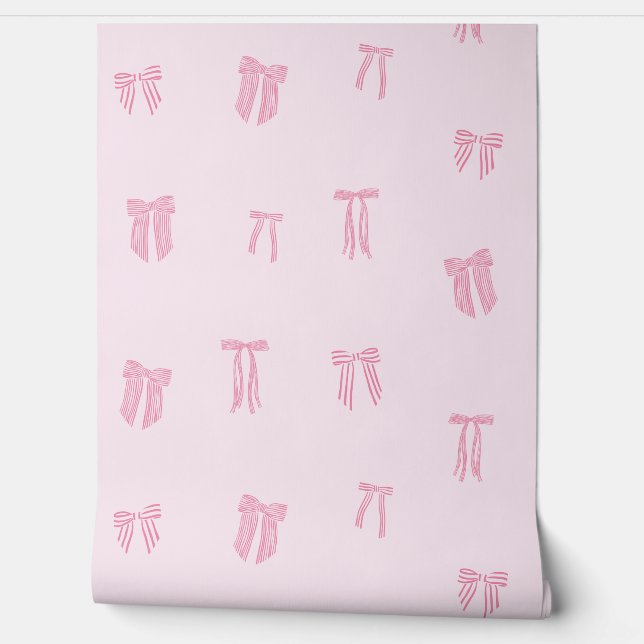 Papier Peint Coquette rayée Bows rose sur rose clair (Déroulement)