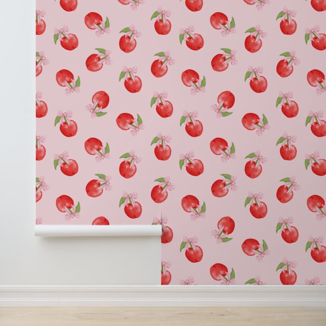 Papier Peint Coquette rose cerises et vaches peler et bâton (Application)