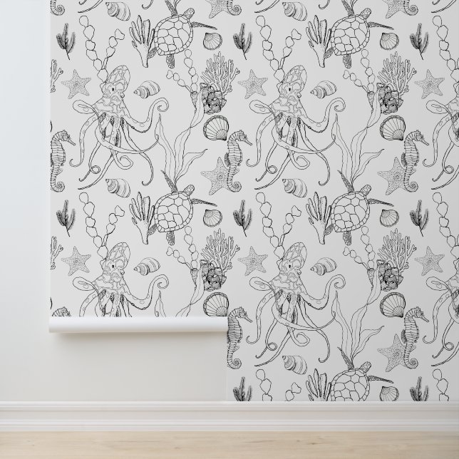 Papier Peint Côte Noir & Blanc Art Art Sea Life Motif (Application)