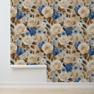 Papier Peint Cottage Boho Coeur Roses blanches Bleu Floral