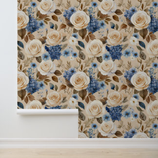 Papier Peint Cottage Boho Coeur Roses blanches Bleu Floral