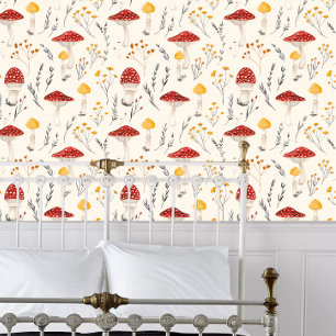Papier Peint Cottagecore Champignons rouge et jaune
