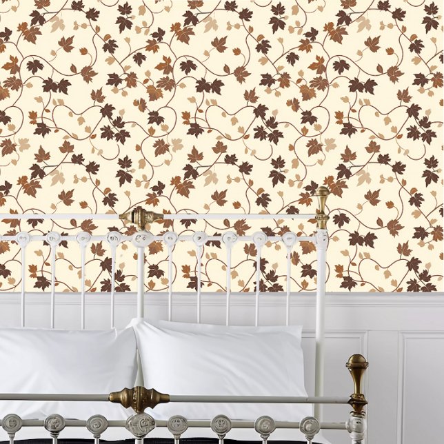 Papier Peint Cottagecore Fall Vins Brown (Cottagecore Fall Brown Vines Wallpaper behind a white metal bed frame. )
